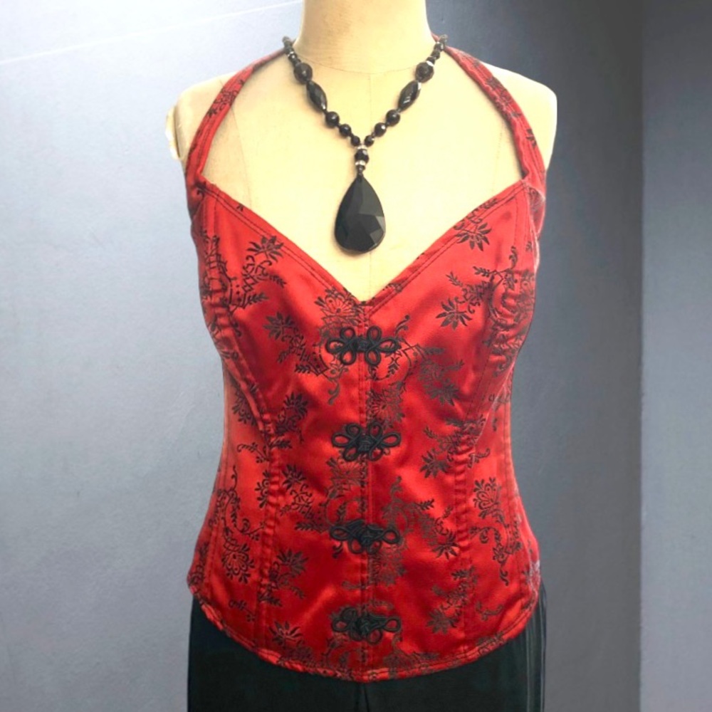“Shirley of Hollywood” red and black halter corset top- 36